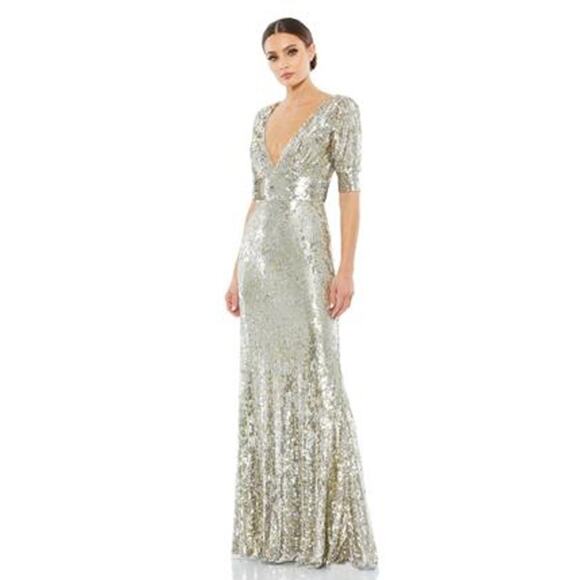 Mac Duggal Platinum Gold Silver Sequined V Neck Gown Dress Size 10 NWT - Picture 2 of 12